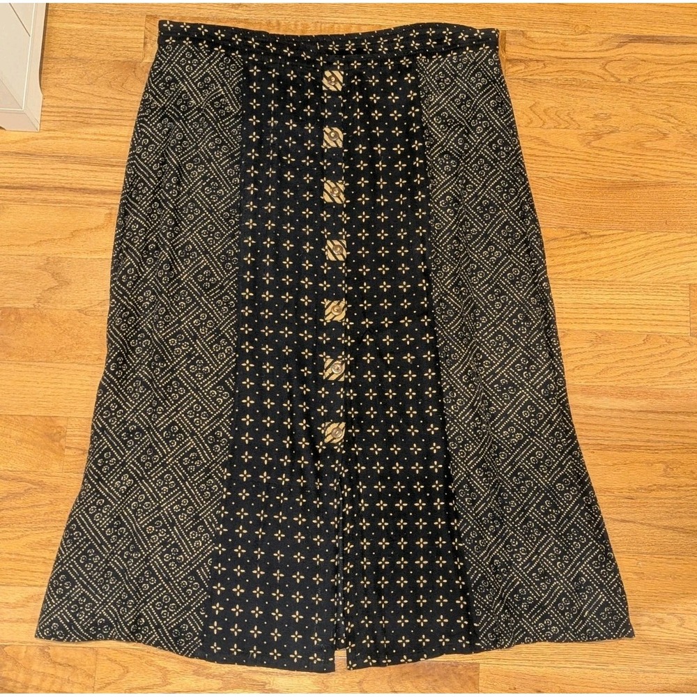 Boho Batik Maxi Skirt Black Tan Button Front Kembal Indonesia 100% Rayon